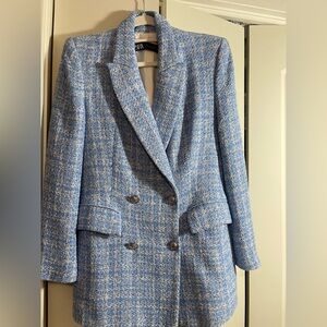 Zara Blue and White Tweed Blazer